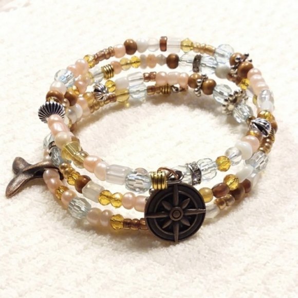 brown beaded coil bracelet Handmade adjustable multi strand beaded bracelet - Picture 3 of 6